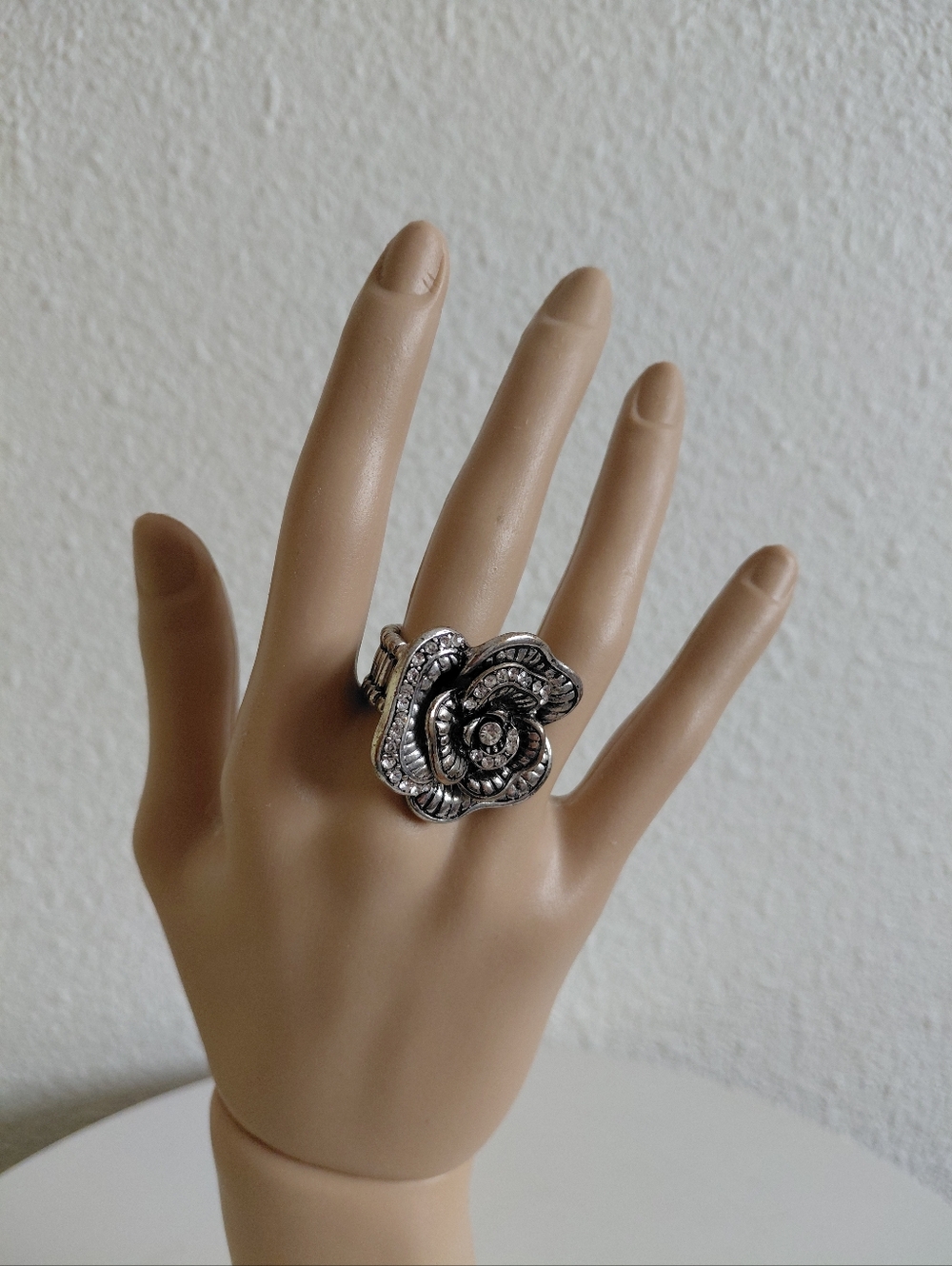 Silver Tone Tiered Prong Set Rhinestone Flower Cocktail Ring Ajustable